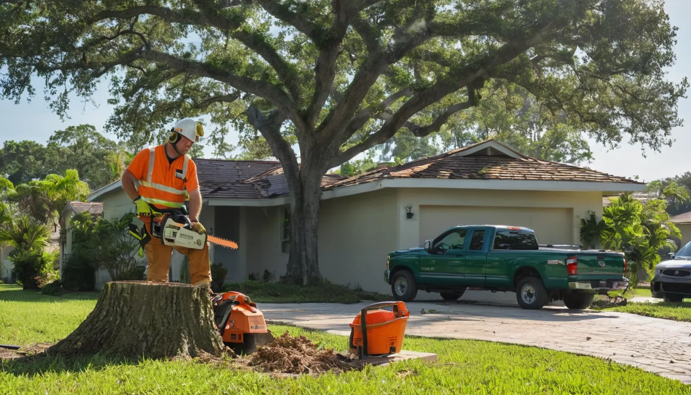 A local tree removal provider cutting a large tree beside a home in Venice